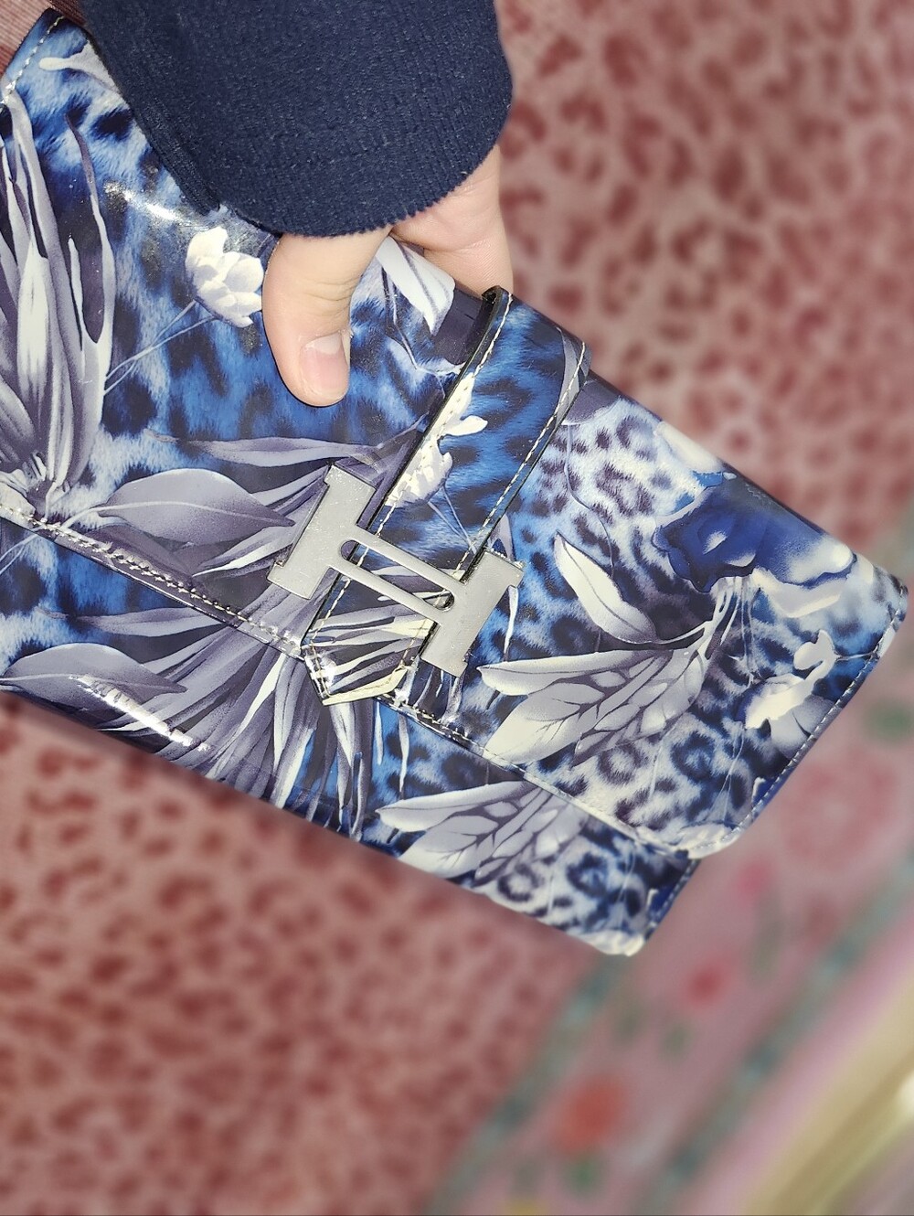 Blue Floral Patent Leather Clutch with Silver H Hardware